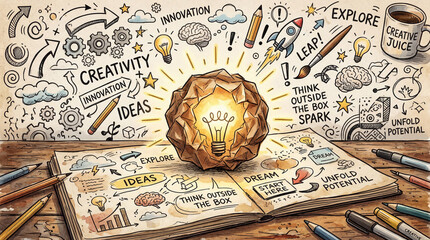 Bright ideas form in a creative workspace with notes, sketches, and a light bulb as the main focus