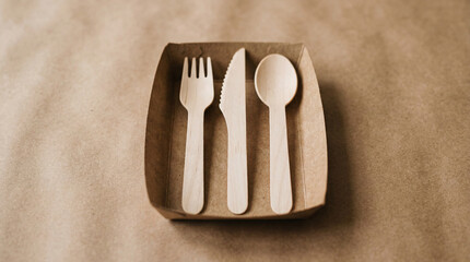 Set of wooden utensils placed neatly in a small tray on a brown surface at a casual dining setting