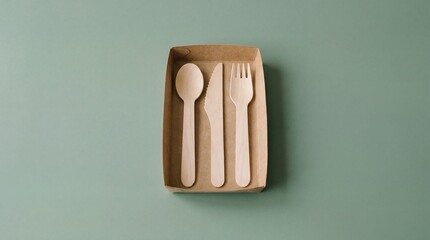 Set of wooden cutlery on a plain green background in a small box during daylight hours