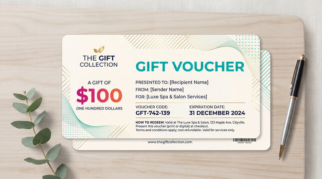 Gift voucher for luxury spa and salon services worth one hundred dollars valid until December 31 2024