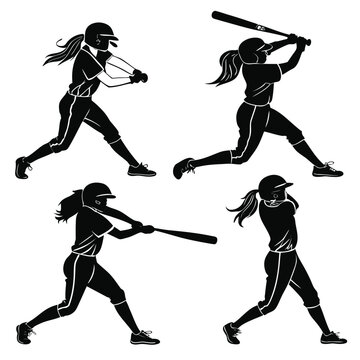 Four female softball player silhouettes in action swinging bats