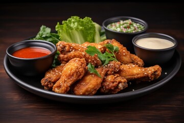 Fototapeta premium Fried chicken wings on a black plate, served with three dipping sauces and cilantro garnish