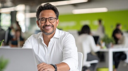 Fototapeta premium Man working at desk in modern office setting during the day with colleagues visible in background