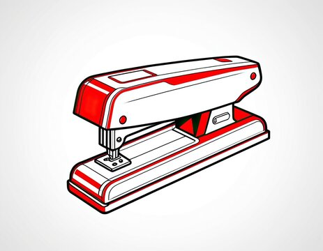 A close-up shot of a red and white stapler on a white background