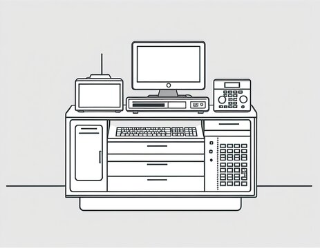 A simple illustration of an office desk with a computer, printer, and workspace