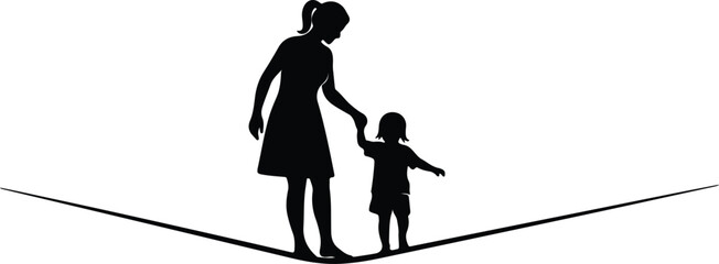 Fototapeta premium Silhouette mother and child balancing carefully on a tightrope vector design