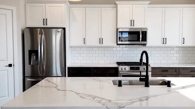 Modern kitchen with white cabinets, marble island, and stainless steel appliances
