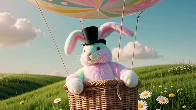 Easter bunny in top hat flying in hot air balloon over blooming meadow &mdash; magical Easter holiday atmosphere