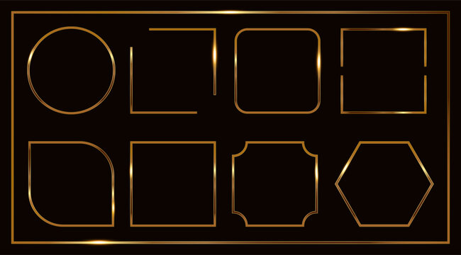 Thin premium, luxury gold square, round frame. Blank metal realistic element for banner, emblem, sticker, label. Isolated elegant text box on black background. Vector illustration EPS10