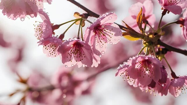 Close-up of delicate pink cherry blossoms covered in tiny water droplets, glistening in the soft light of a spring morning.