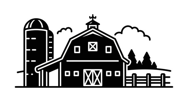 Black and white farm scene with barn and silo