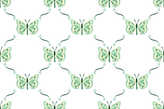 Elegant butterfly seamless pattern Modern style design with decorative green insects in soft shapes Cute vector repeating background for fabric, wallpaper, decor Hand drawn delicate print for textile
