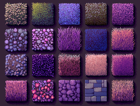 Pixel Art Game Tile Set with Grass, Flowers, Stones, and Pavement Textures