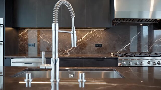 Modern luxury kitchen interior with marble countertops and stainless steel appliances