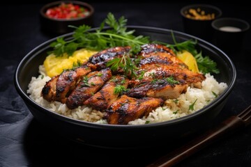 Fototapeta premium Chicken teriyaki and white rice in a bowl, garnished with parsley and lemon