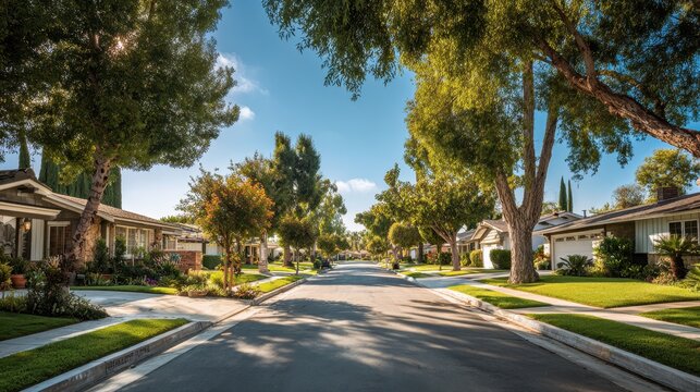 Row of single-story homes on a sunlit suburban street with manicured lawns