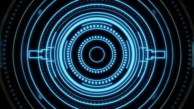 Glowing blue concentric circles with digital dash patterns on black background abstract technology concept