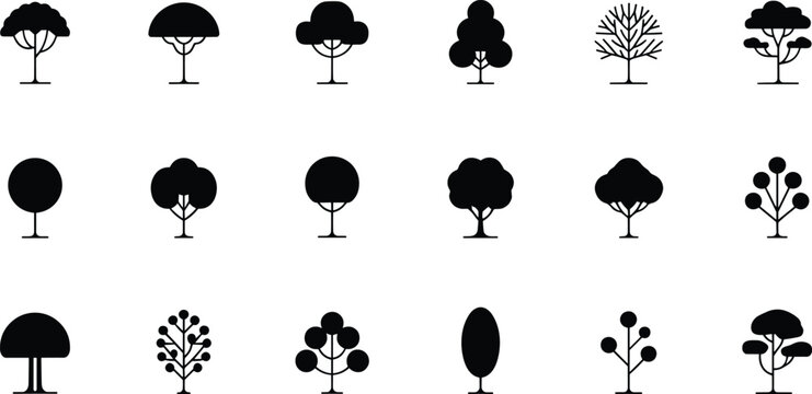 Collection of simple tree icon silhouettes including round leafless and decorative trees isolated on white background for park landscape nature vector design set