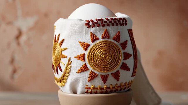 White Easter egg in embroidered linen cover with golden sun and motifs &mdash; traditional Slavic protective amulet, symbol of safeguarding, warmth, and Divine light in festive ritual