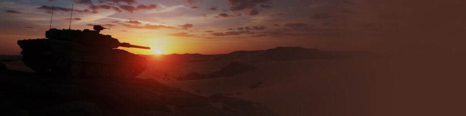 Naklejka premium Silhouette of heavy battle tank on hill during sunset. Armed military vehicle in desert terrain during warm evening. Concept of global conflict, defense, tactical combat. Banner with copy space