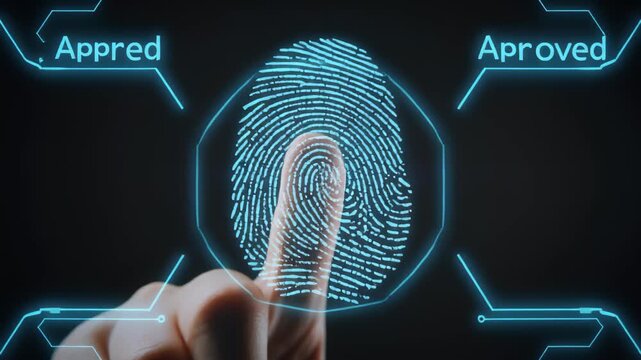 Finger pressing glowing blue button with approved text on futuristic interface video