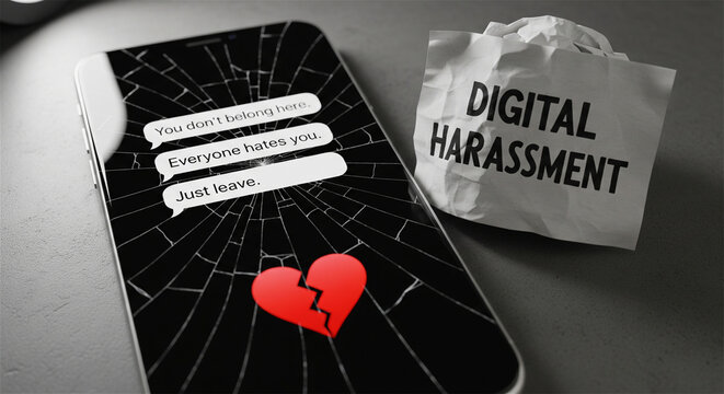 Digital harassment and cyberbullying concept, broken smartphone screen with hate speech messages, social media abuse and online toxicity