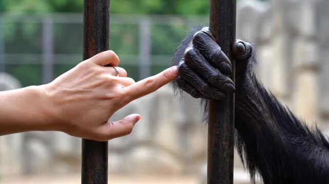 Closeup of human and monkey interaction.