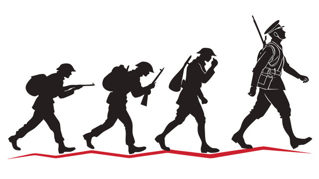 Silhouette evolution of soldiers marching, representing military history and combat