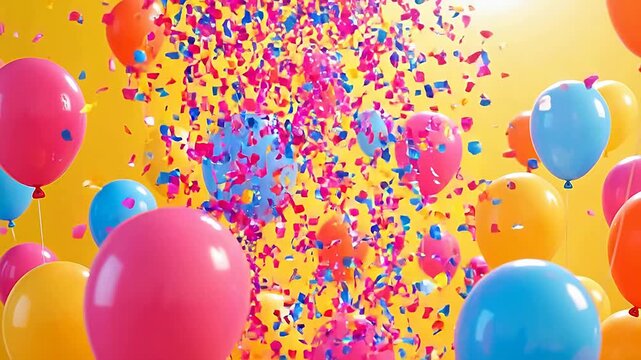 Colorful balloons floating on bright yellow background
