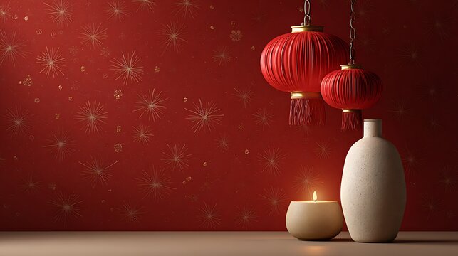 A serene and festive scene with red lanterns, a candle, and decorative vases on a table