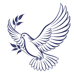 Obraz premium Graceful flying dove holding olive branch vector outline for peace and harmony symbol