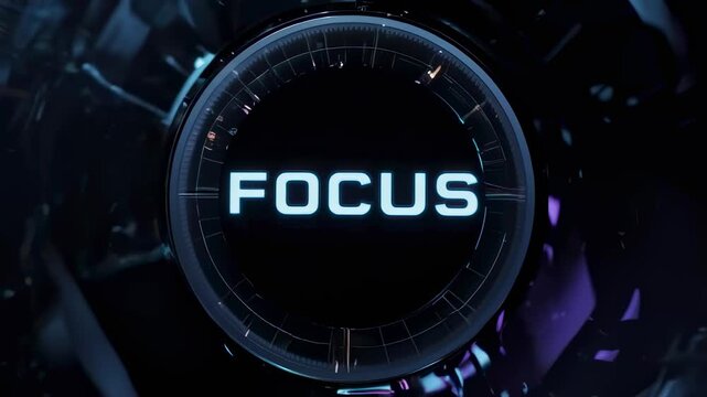 Futuristic digital interface with glowing blue text displaying the word focus centered within a circular metallic frame surrounded by abstract dark geometric shapes and light streaks icon