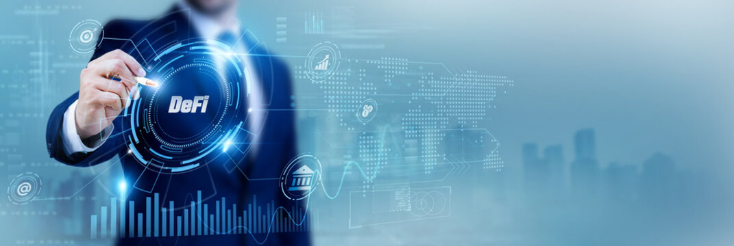 Finance specialist using a pen while analyzing data Decentralized Finance DeFi and blockchain systems, cryptocurrency platforms, smart contracts, digital finance, financial technology