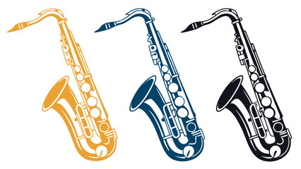 Obraz premium Collection of three stylized vector saxophones in different colors, isolated musical instruments