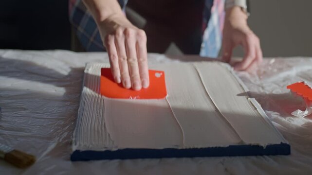 Close up of woman spreading textured paste on white canvas using plastic scraper on work table. Concept of textured art creation and handmade artwork