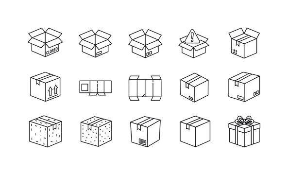Cardboard shipping box closed, open carton with flaps, sealed parcel with tape, fragile warning box, box with upward arrows, flat
