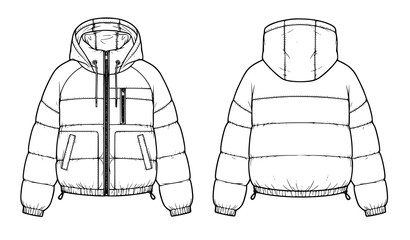 Unisex Quilted Padded Hooded Puffer Jacket Technical CAD Illustration Front and Back View © MstNadiya
