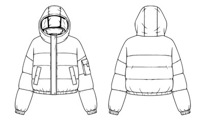 Cropped Quilted Hooded Puffer Jacket Technical Flat CAD Illustration Unisex © MstNadiya