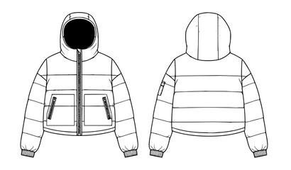 Unisex Quilted Padded Hooded Crop Puffer Jacket CAD Technical Illustration © MstNadiya