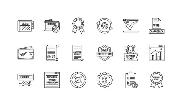 Claim submission panel, confirmation ribbon seal, chargeback credit icon, wire transfer banking mark, digital compensation wallet,