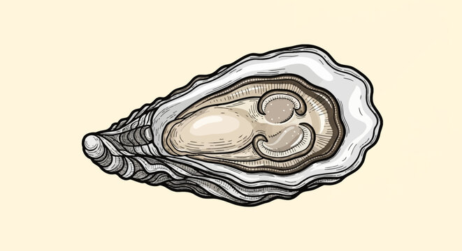 Hand-drawn vector illustration of an open oyster shell with meat, vintage woodcut style engraving featuring detailed textures and outlines of a fresh bivalve marine mollusk.