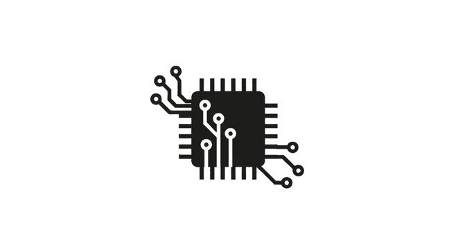 Minimalist black circuit board microchip silhouette with integrated trace lines and circular nodes, representing a computer processor or CPU isolated on a white background.