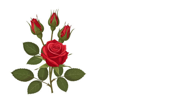 Botanical vector illustration of a single red rose flower in full bloom with three closed rosebuds on a green thorny stem with leaves, isolated on a plain white background.