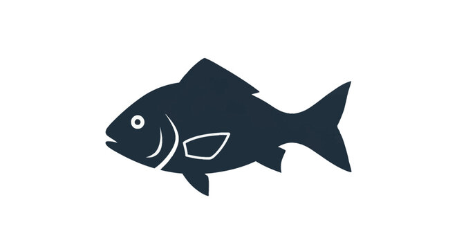 Minimalist dark blue fish silhouette icon isolated on white background, featuring detailed dorsal and pectoral fins, gills, and forked tail, suitable for seafood logo or aquatic design.