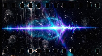 Obraz premium Abstract glowing sound wave on vintage film strip background with cosmic elements