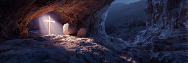 Obraz premium cross and an empty tomb with the stone rolled away