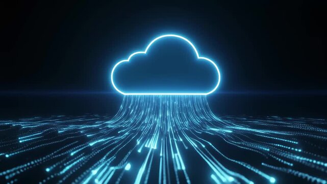 Glowing neon cloud emitting digital data streams against a dark icon background representing abstract technology and network connectivity