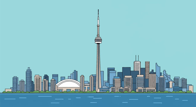 Stylized vector illustration of the Toronto skyline featuring the CN Tower, Rogers Centre, and urban skyscrapers along the Lake Ontario waterfront under a clear blue sky.