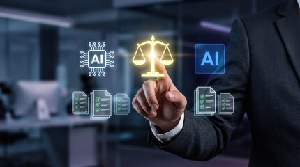 Obraz premium Businessman's hand touching glowing legal scales amidst AI icons and digital documents representing artificial intelligence in law justice and regulatory compliance in a modern office setting.