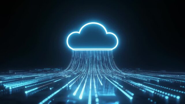Glowing neon cloud emitting digital data streams onto a reflective dark surface representing technology and connectivity icon